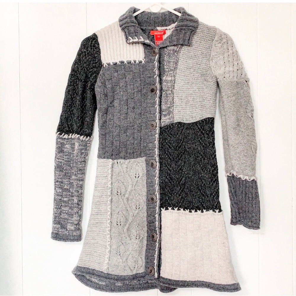 Sundance Cardigan‎ Patchwork Mixed Knit Lambswool Womens S Gray